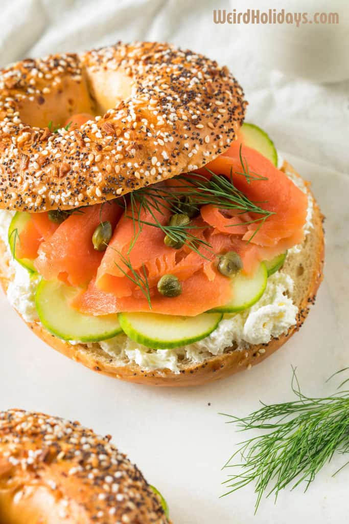 everything bagel with lox, cream cheese, capers, and cucumber