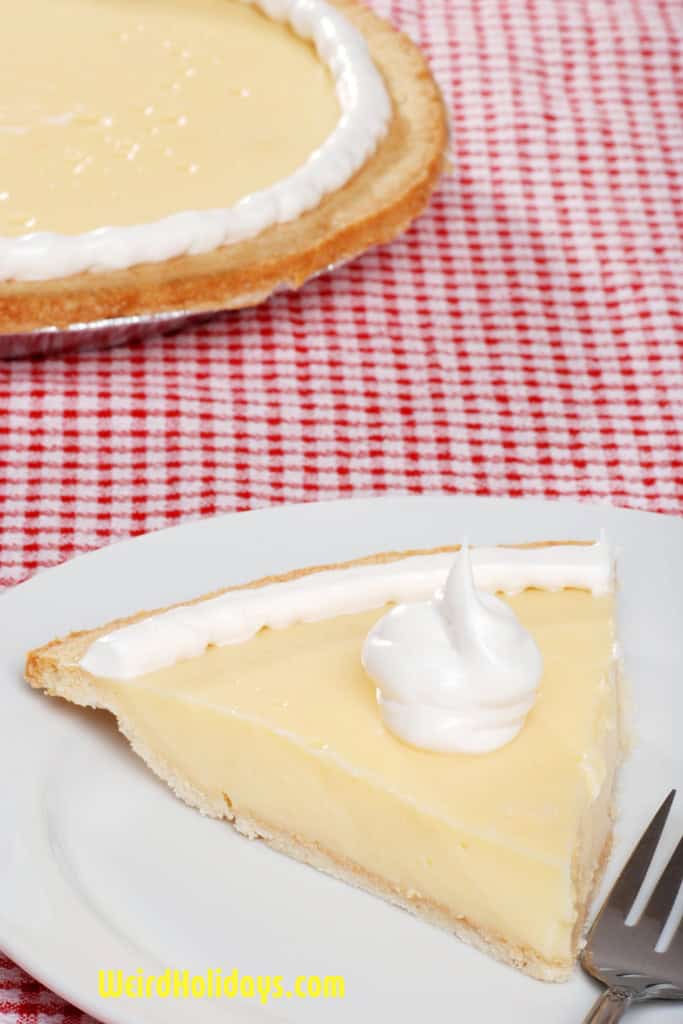 banana cream pie and a slice of banana cream pie on a red gingham table cloth