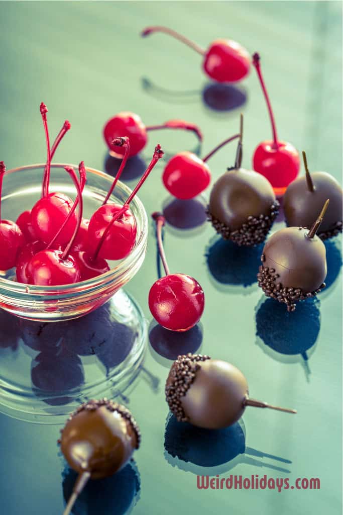 glacier cherries in a bowl and chocolate covered cherries on the table