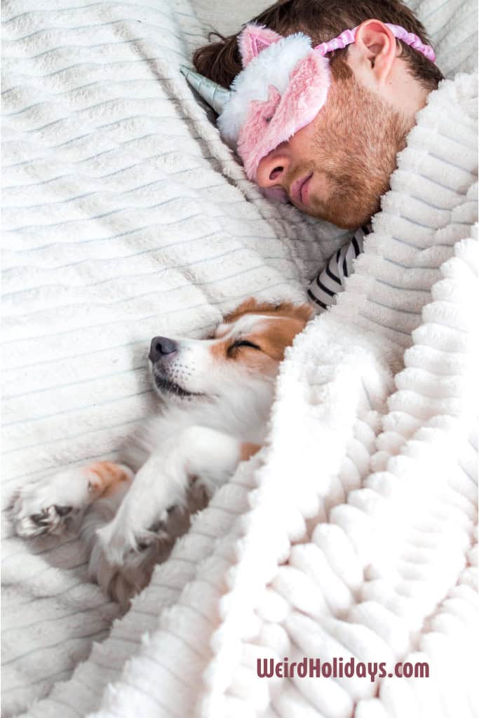 man sleeping in a bed wearing a unicorn eye mask with his dog