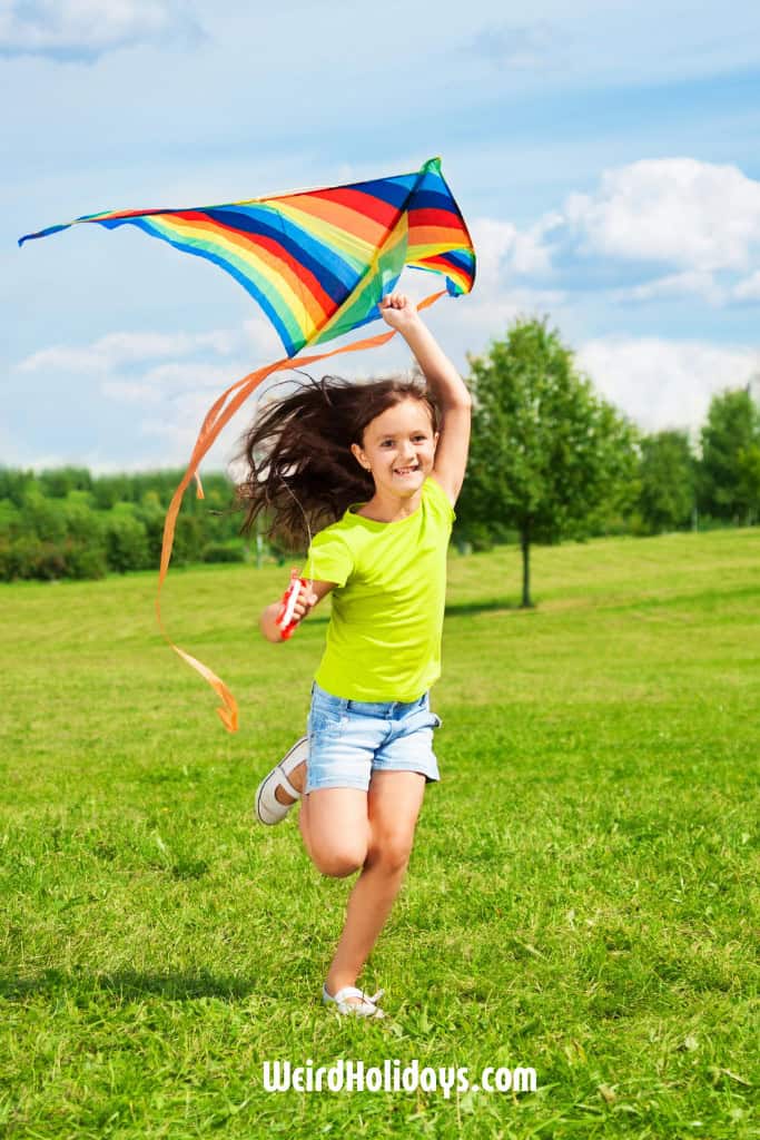 young girl flying a kite on a beautiful day