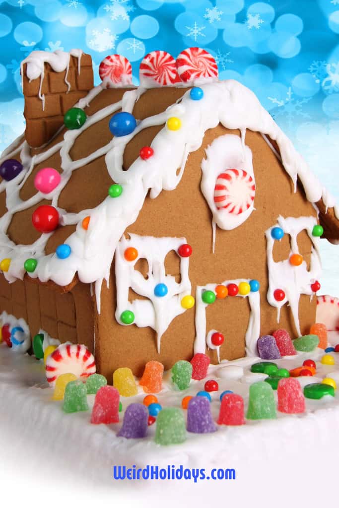 gingerbread house covered in gumdrops