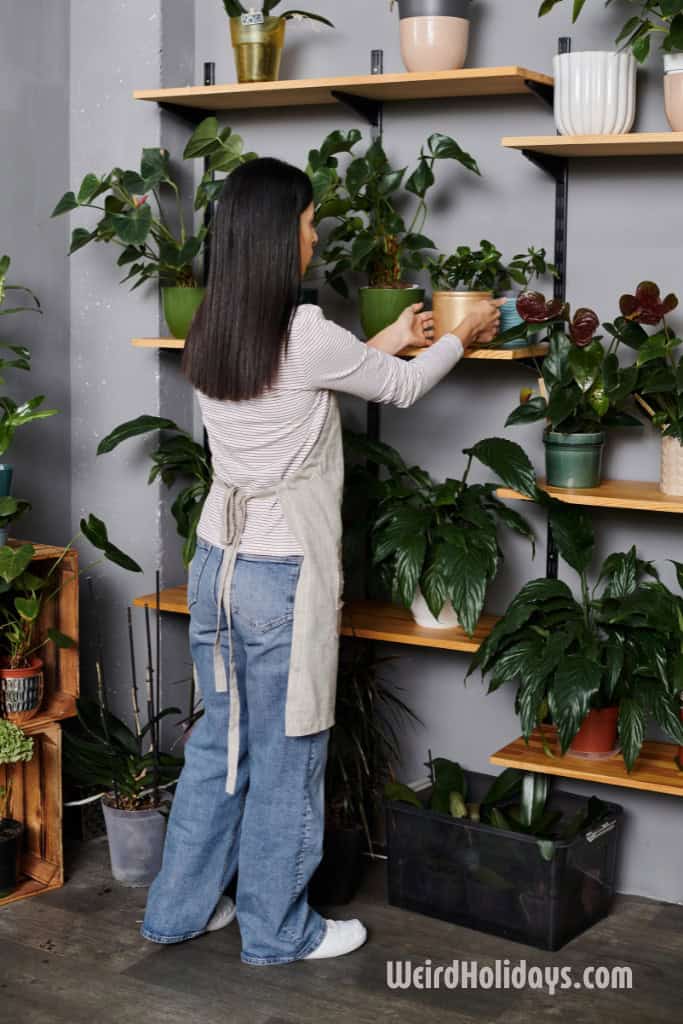 woman planting flowers inside on a shelf